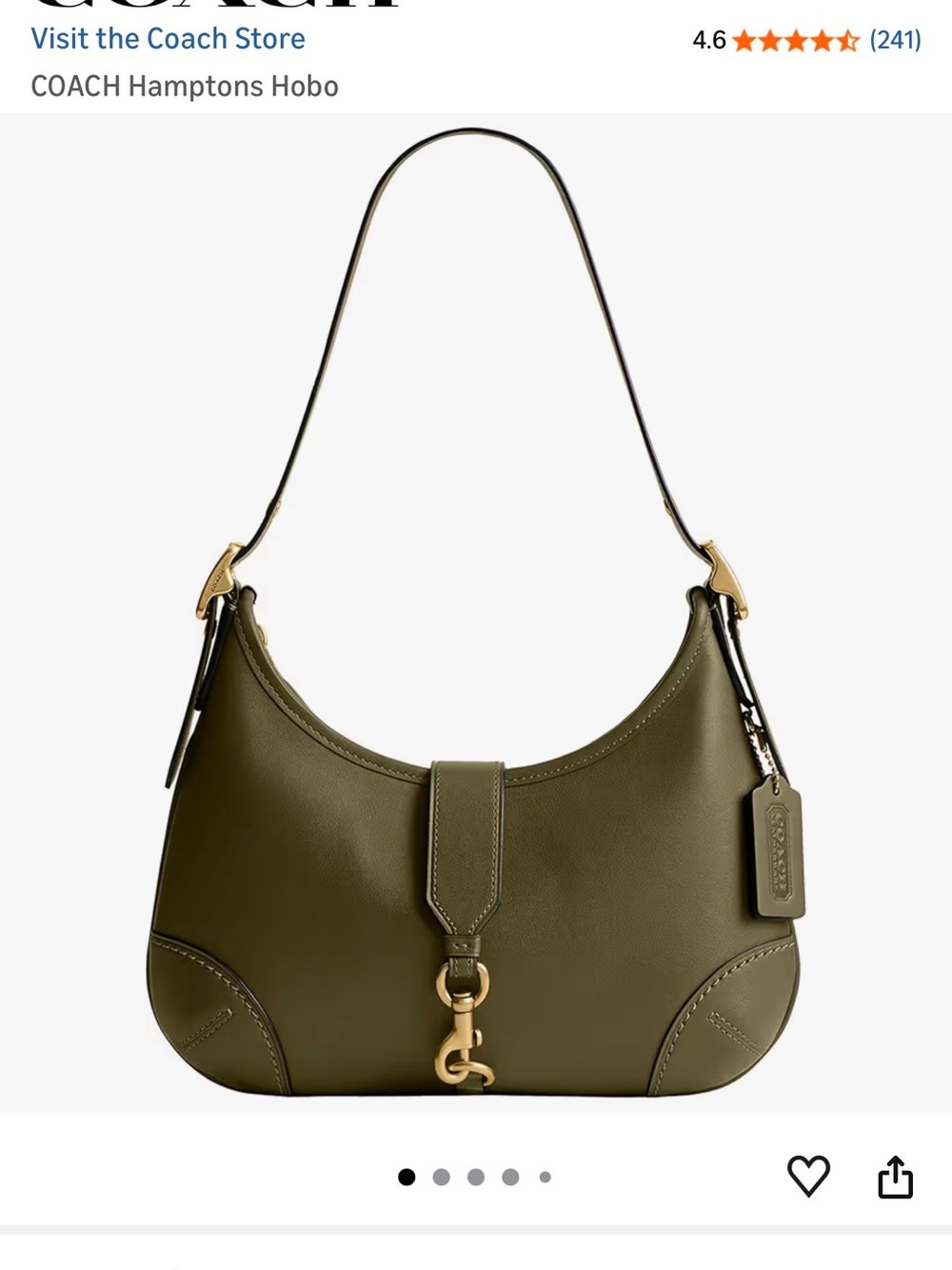 Coach Hamptons Hobo in Olive Green Leather with Gold Hardware